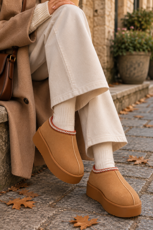 Thick Sole Mini Boots With Fur Inside, Tan