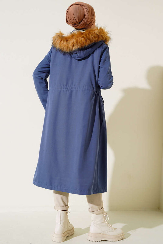Manteau à capuche doublé de fourrure Indigo