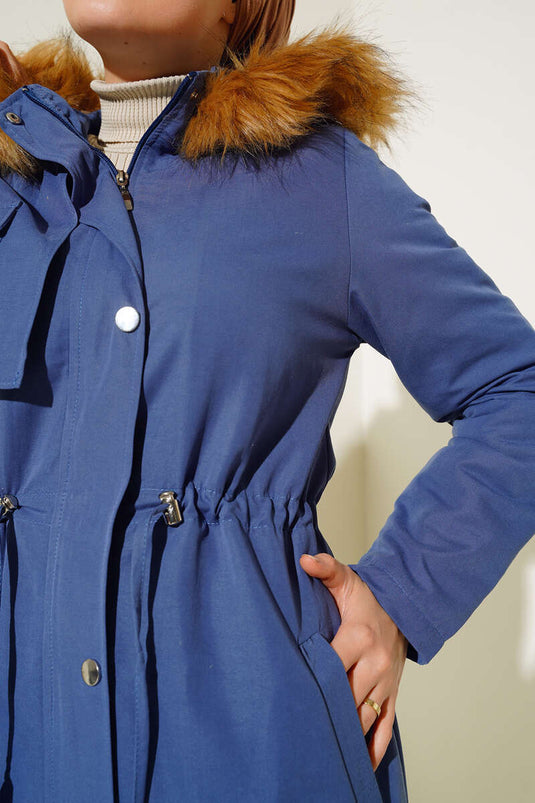 Manteau à capuche doublé de fourrure Indigo