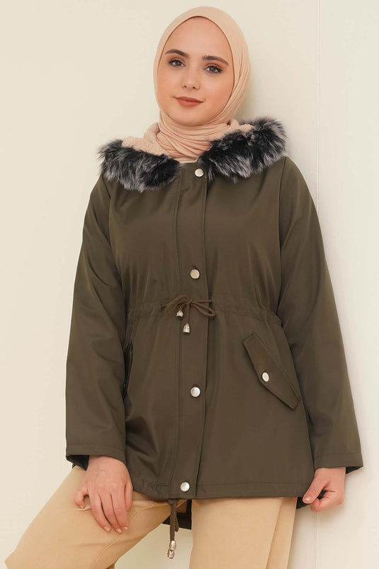 Korte jas met bont aan de binnenkant Khaki