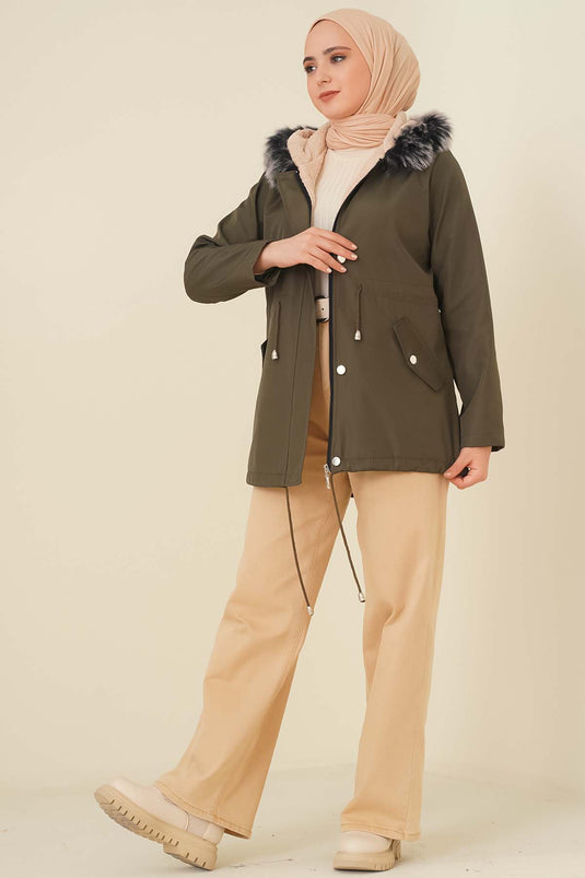 Korte jas met bont aan de binnenkant Khaki