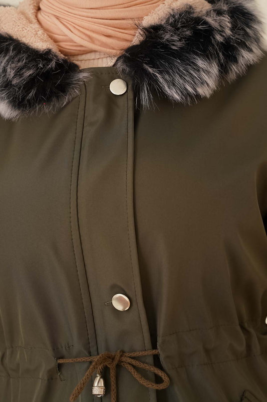 Korte jas met bont aan de binnenkant Khaki