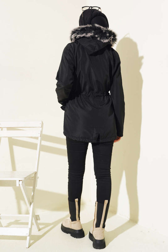 İçi Kürklü Kısa Mont Siyah