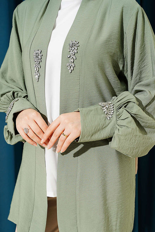 Ensemble cardigan orné de pierres avec sous-vêtement, vert pistache
