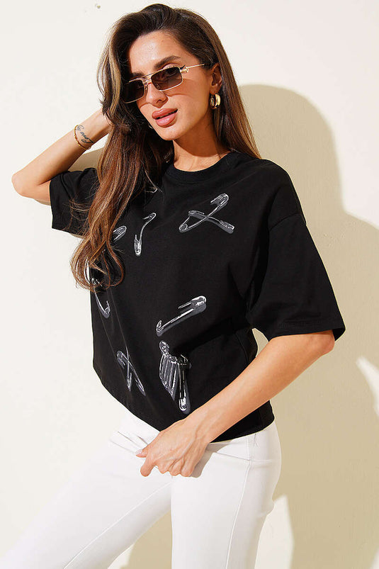 Pin Printed Basic T-shirt Black