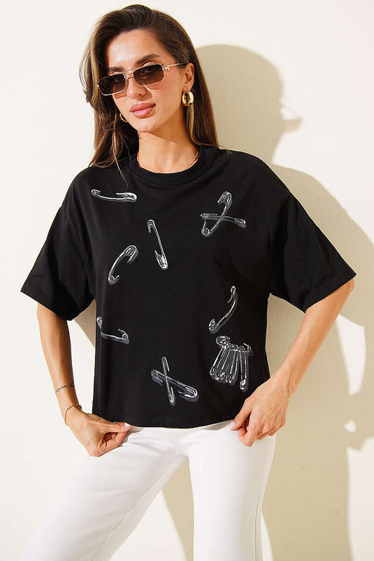 Pin Printed Basic T-shirt Black