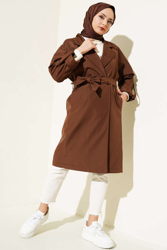 Two Button Belted Trench Coat Brown