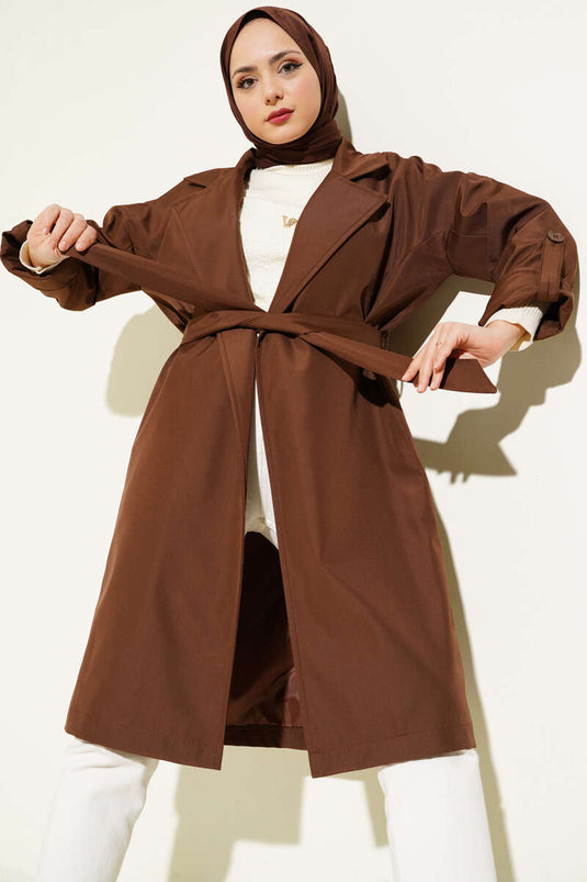 Two Button Belted Trench Coat Brown