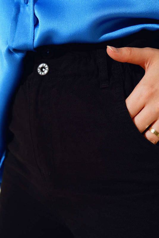 Two Button Elastic Waist Pants Black