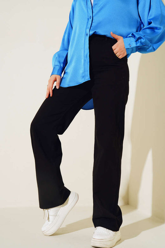 İki Düğmeli Beli Lastikli Pantolon Siyah