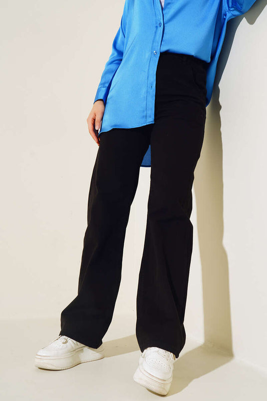 İki Düğmeli Beli Lastikli Pantolon Siyah