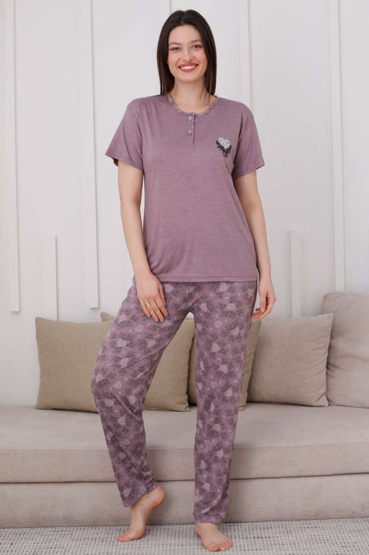 Two-Button Patterned Viscose Pajama Set Lilac