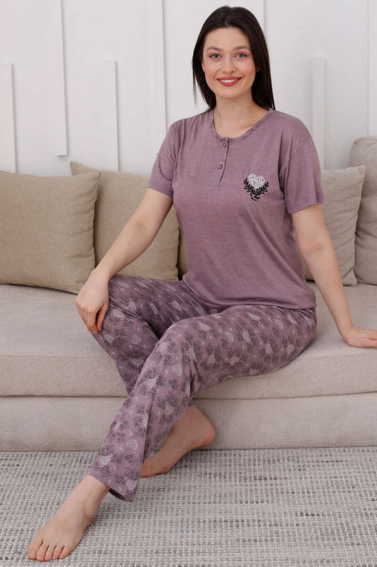 Two-Button Patterned Viscose Pajama Set Lilac