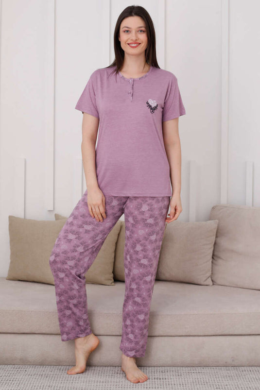 Two-Button Patterned Viscose Pajama Set Lilac