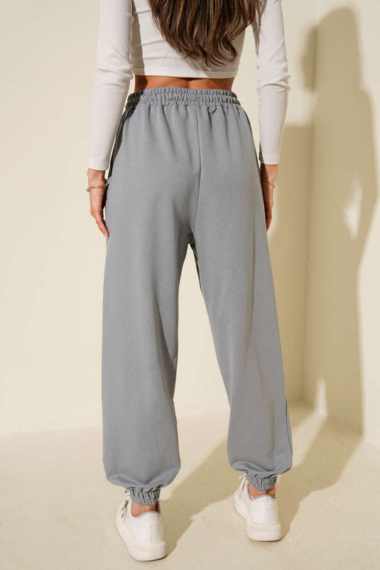 İki İp Paça Lastikli Jogger Pantolon Kayrak Grisi
