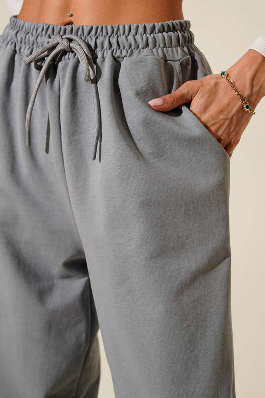 İki İp Paça Lastikli Jogger Pantolon Kayrak Grisi
