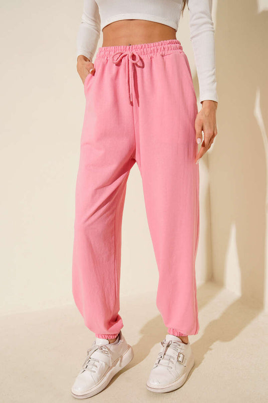İki İp Paça Lastikli Jogger Pantolon Pembe