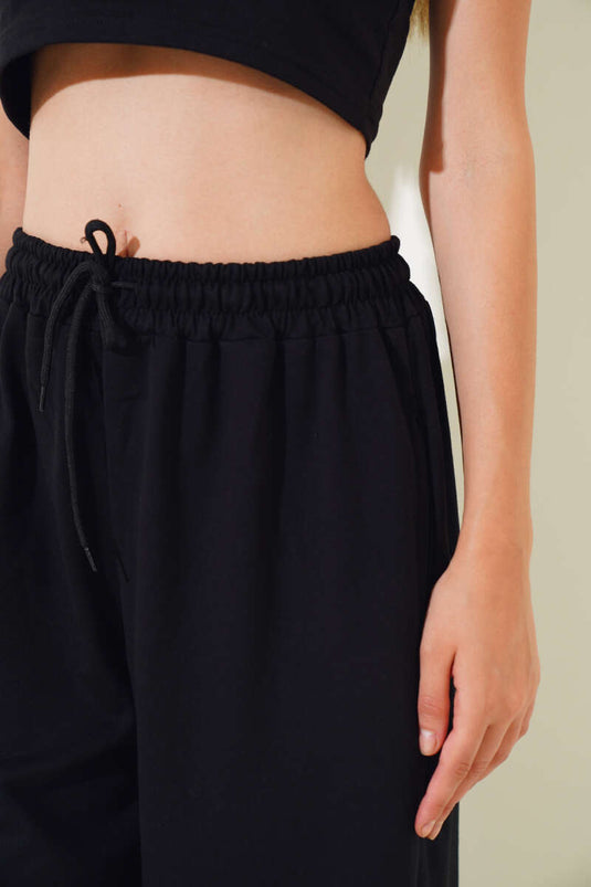 İki İp Paça Lastikli Jogger Pantolon Siyah