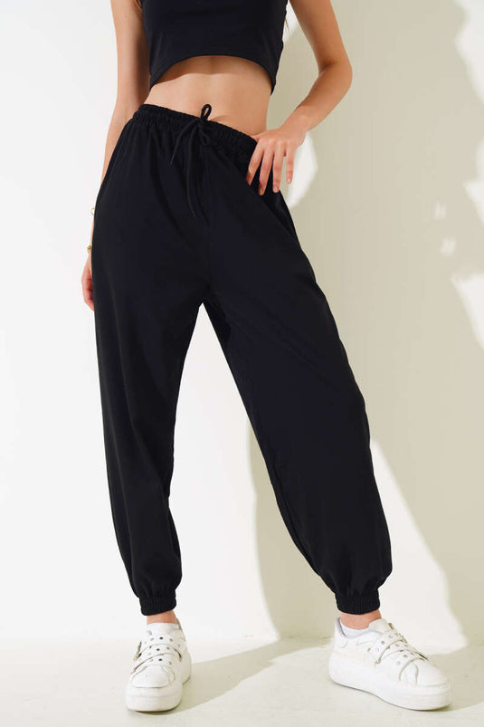 İki İp Paça Lastikli Jogger Pantolon Siyah