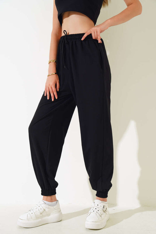 İki İp Paça Lastikli Jogger Pantolon Siyah