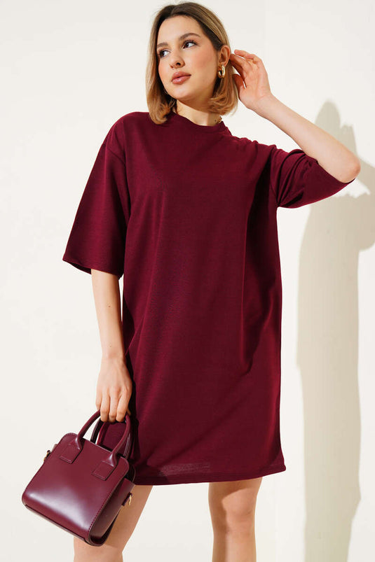 İki İplik Basic Uzun T-shirt Bordo