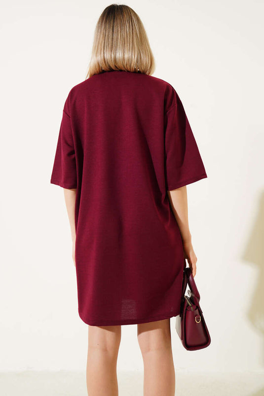 İki İplik Basic Uzun T-shirt Bordo