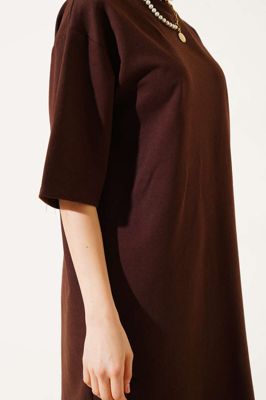 تي شيرت أساسي طويل بخيطين، بني