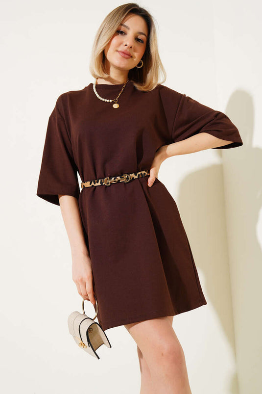 تي شيرت أساسي طويل بخيطين، بني