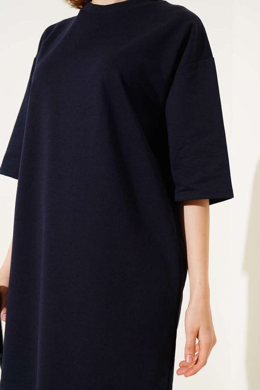 İki İplik Basic Uzun T-shirt Lacivert