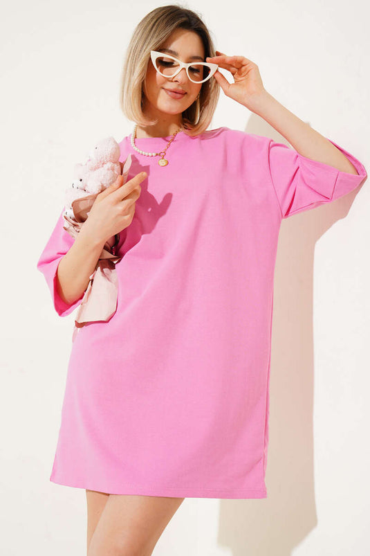 تي شيرت أساسي طويل بخيطين باللون الوردي