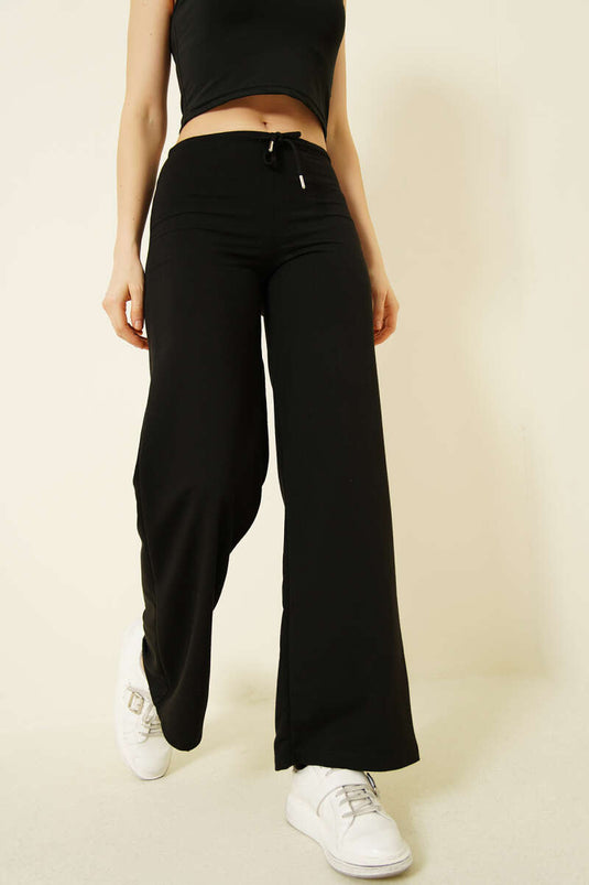 بنطال أسود بخصر مطاطي وخيط مزدوج