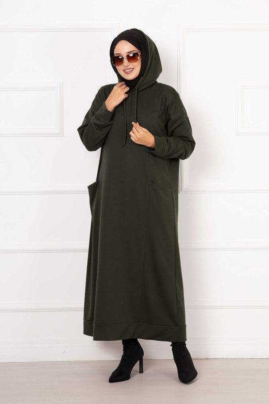 فستان بغطاء للرأس بخيطين كاكي