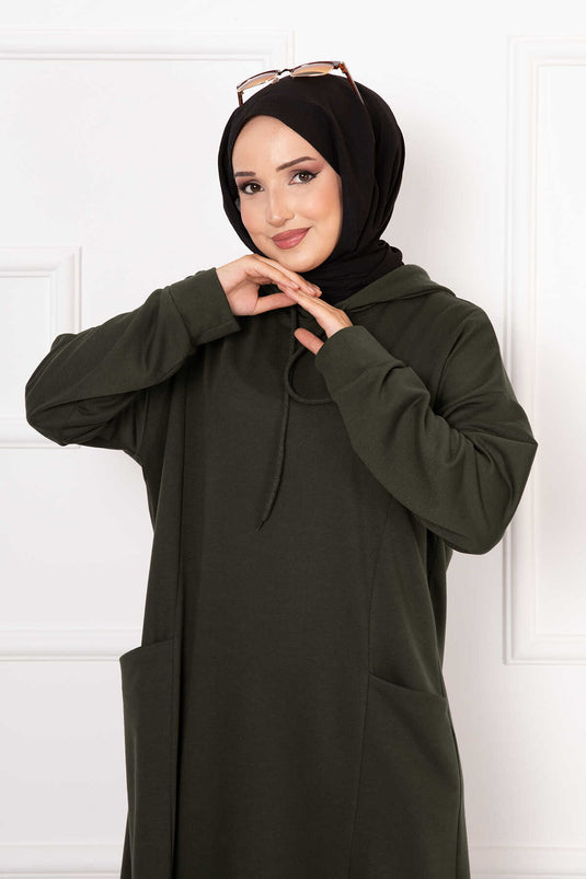 فستان بغطاء للرأس بخيطين كاكي