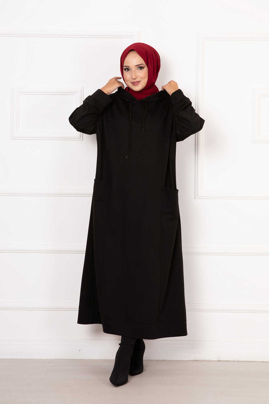 فستان بغطاء للرأس بخيطين باللون الأسود