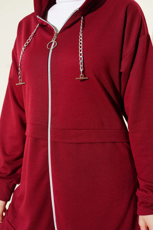 طقم مزدوج بسحاب وقبعة من خيطين لون خمري