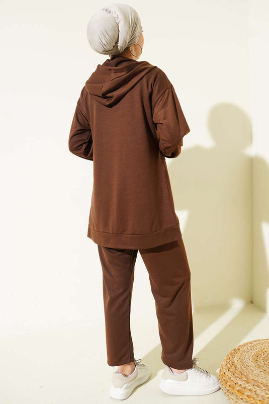 İki İplik Kapüşonlu Fermuarlı İkili Takım Kahve