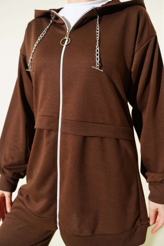 İki İplik Kapüşonlu Fermuarlı İkili Takım Kahve