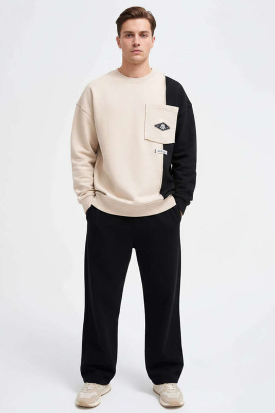 Sudadera para hombre con dos colores y bolsillos beige