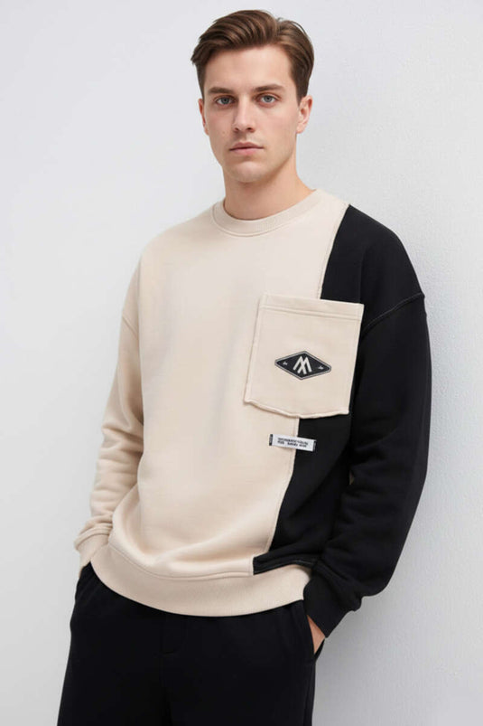 Sudadera para hombre con dos colores y bolsillos beige