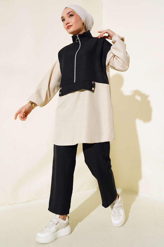 Two-Colored Zippered Two-Piece Set Black