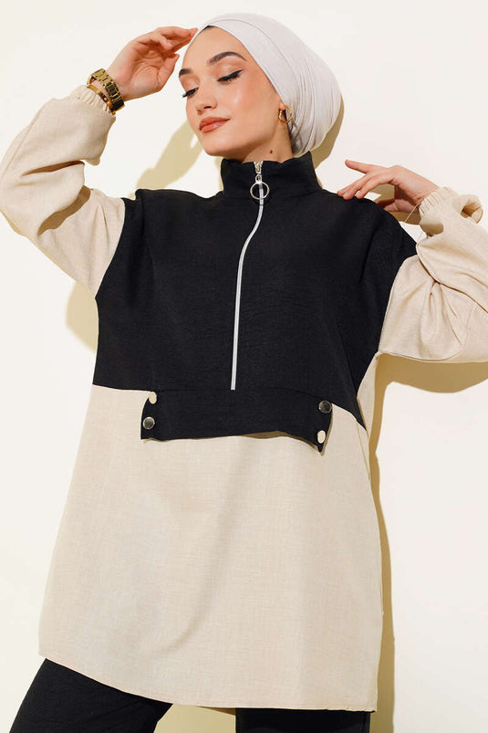 Two-Colored Zippered Two-Piece Set Black