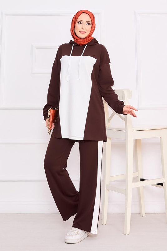 Two-Tone Hooded Hijab Two-Piece Suit Burgundy