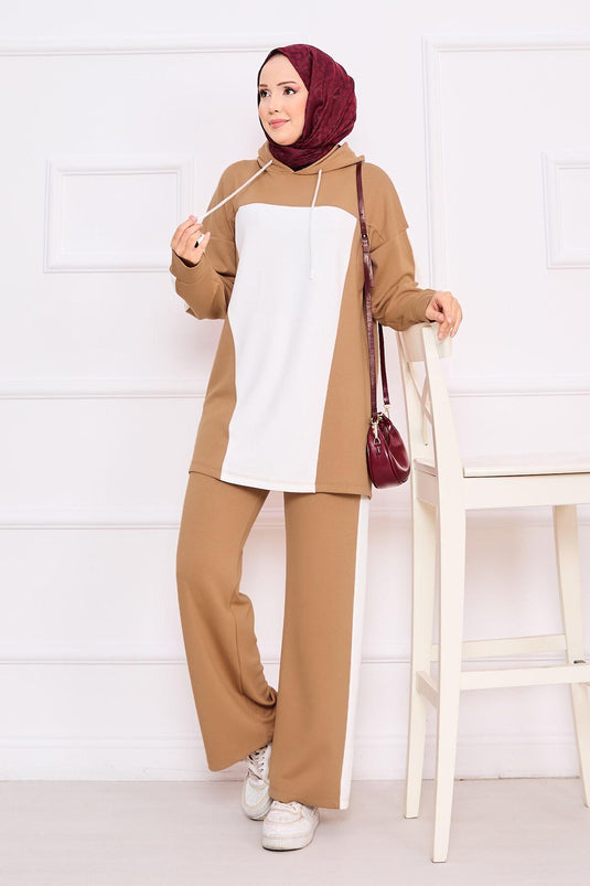 Two-Tone Hooded Hijab Two-Piece Set Camel
