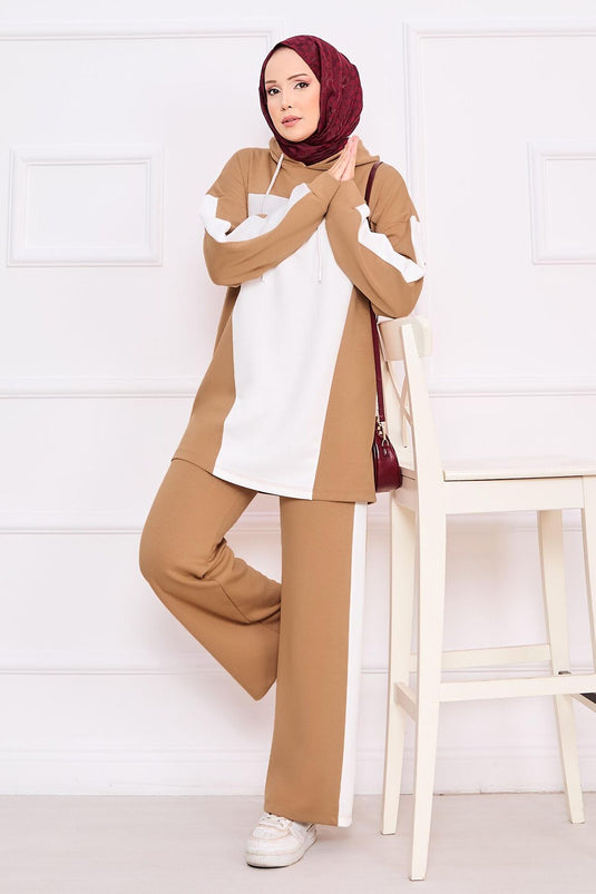 طقم حجاب بغطاء للرأس ثنائي اللون من قطعتين - جملي