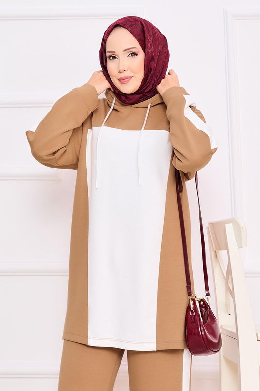 طقم حجاب بغطاء للرأس ثنائي اللون من قطعتين - جملي