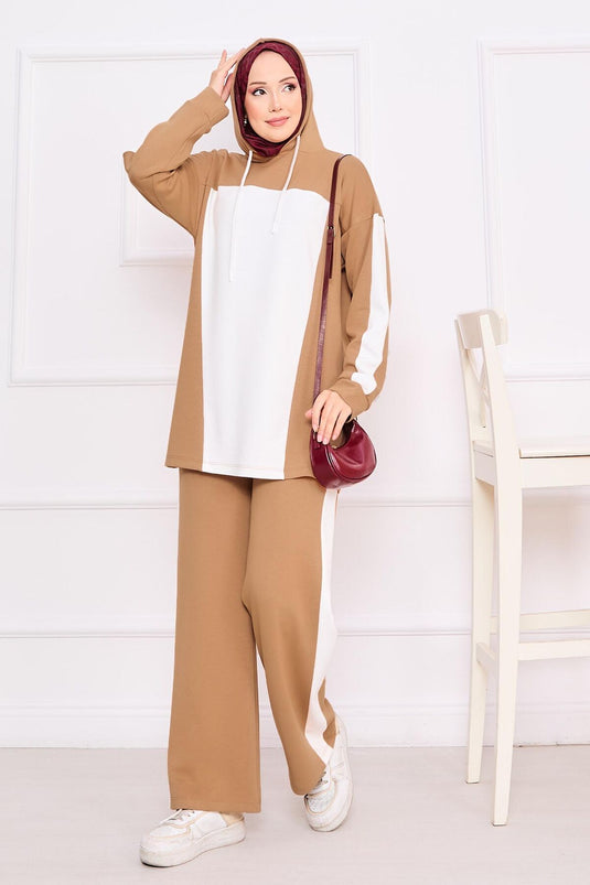 طقم حجاب بغطاء للرأس ثنائي اللون من قطعتين - جملي