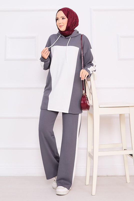 Two-Tone Hooded Hijab Two-Piece Suit Gray