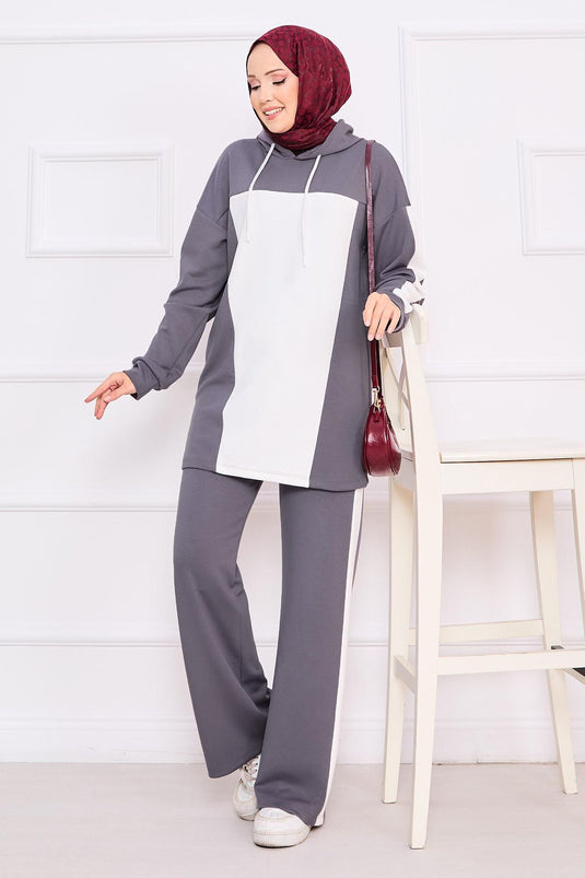 Two-Tone Hooded Hijab Two-Piece Suit Gray