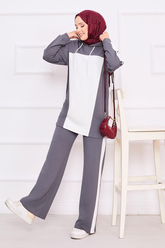 Two-Tone Hooded Hijab Two-Piece Suit Gray
