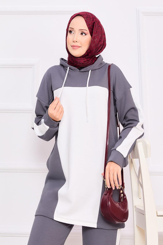Two-Tone Hooded Hijab Two-Piece Suit Gray